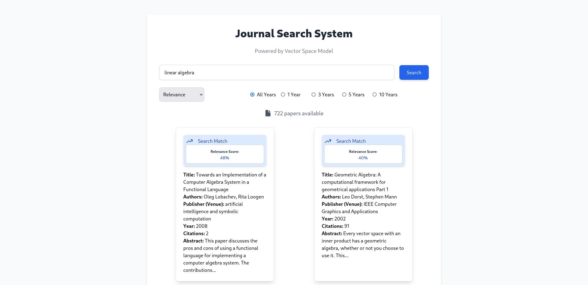 Vector Space Model Implementation for Academic Paper Search Engine